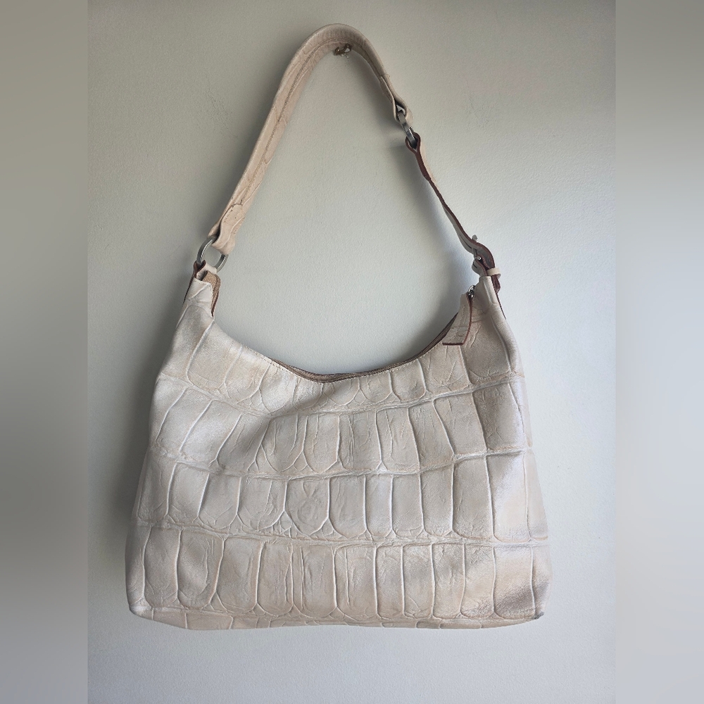 Francesco Biasia Cream Croc-Embossed Leather Shoulder Bag